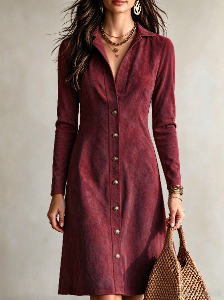 Women's Faux Suede Button Slim Fit Long Dress - image 8