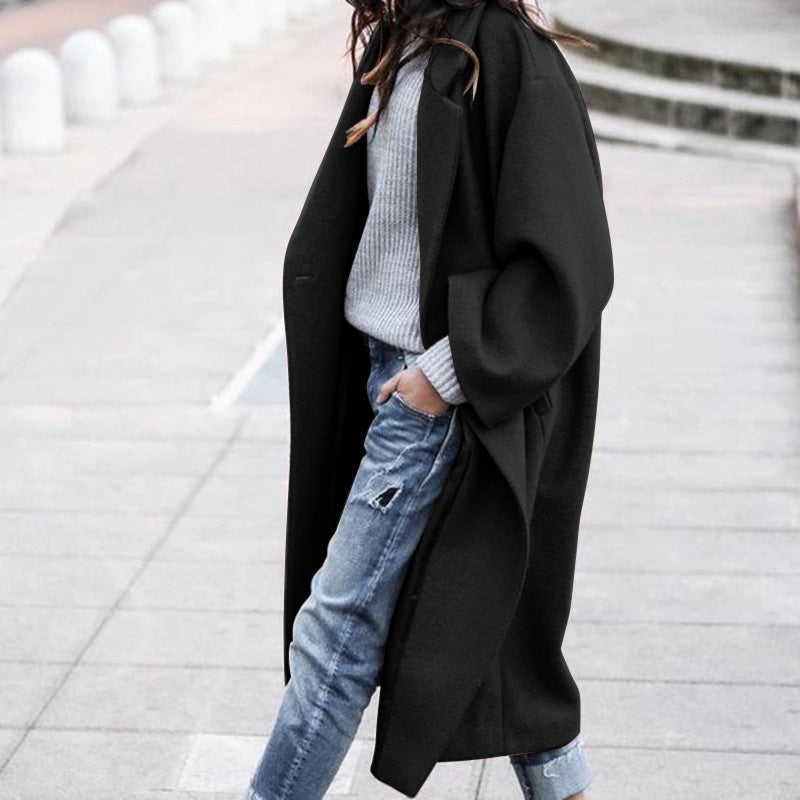 Women's Long Woolen Lapel Coat with Pockets, Khaki Single Breasted Winter Overcoat - image 2