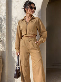 Women's 2 Piece Collared Crop Shirt and Wide Leg Pants Set, Khaki - image 1