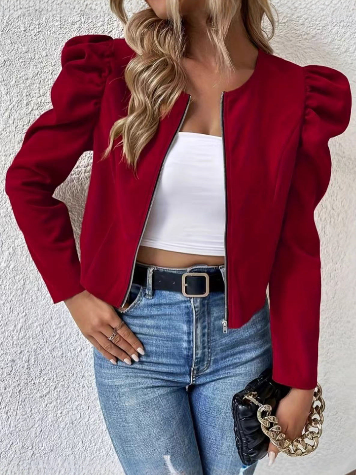 Puff Sleeve Zip-Up Round Neck Cardigan - image 5