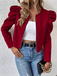 Puff Sleeve Zip-Up Round Neck Cardigan - image 5