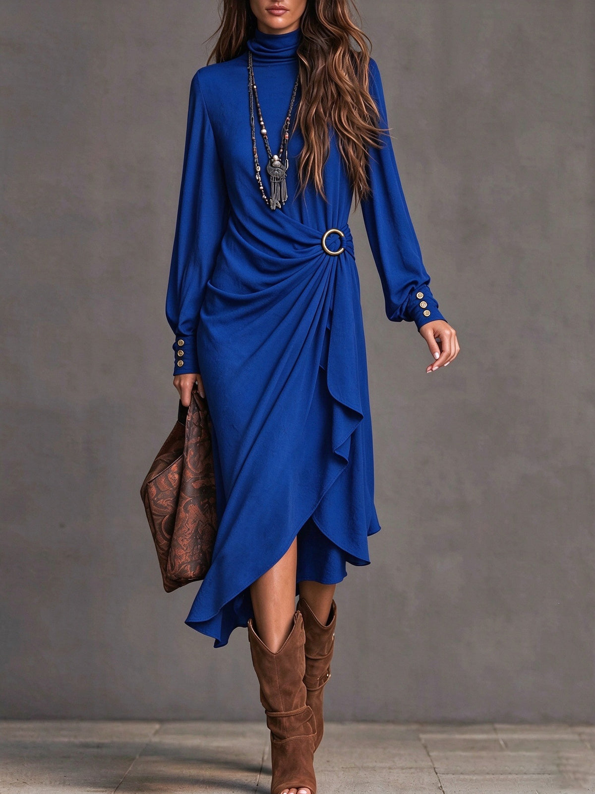 High Collar Long Sleeve Asymmetric Maxi Dress - image 7