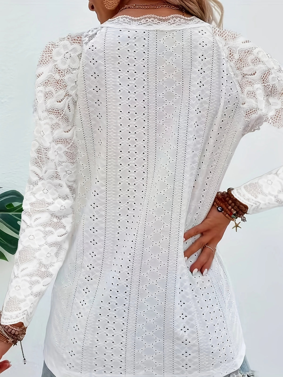 Contrast Lace V-neck Eyelet T-Shirt - image 3