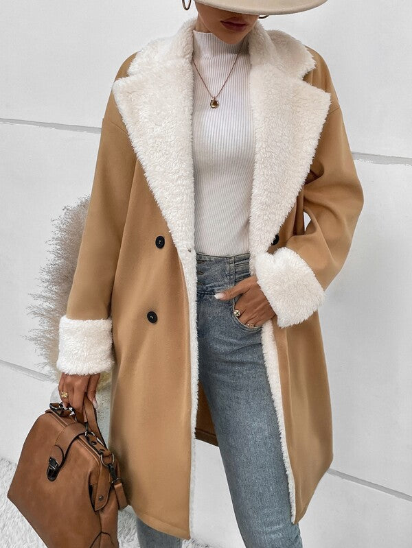 Women's Double-Breasted Long Coat with Faux Fur Lapels - image 10