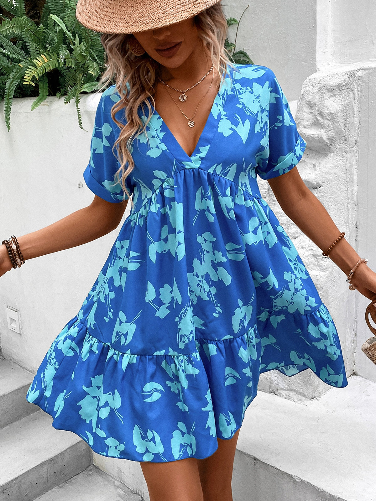 Print Batwing Sleeve Ruffle Hem Smock Dress Vacation Beach Outfits Women