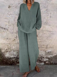 Women's Solid Color Casual V-neck Pullover Long Sleeve Trousers Suit - image 10