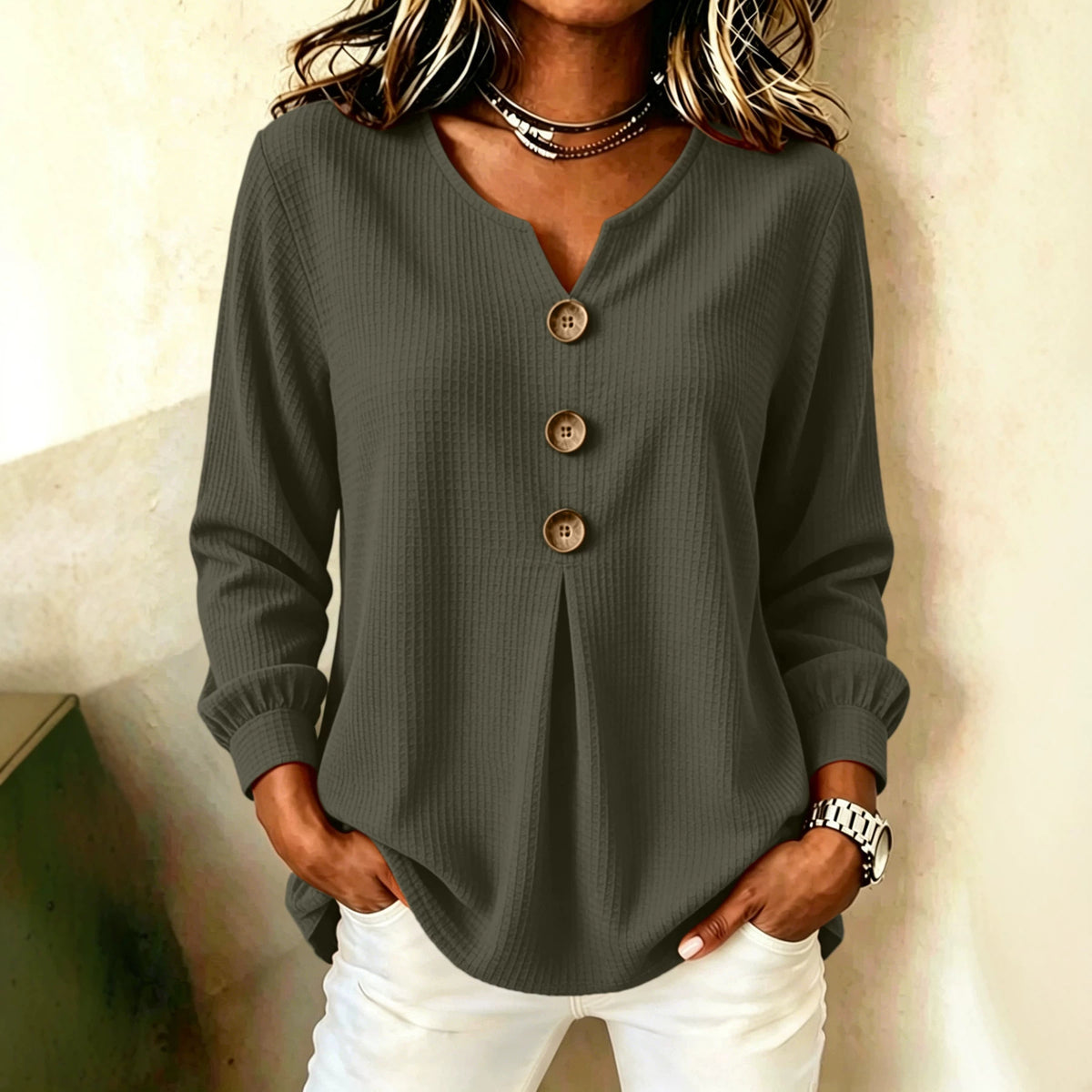 Loose V-Neck Button-Down Casual Top - image 2