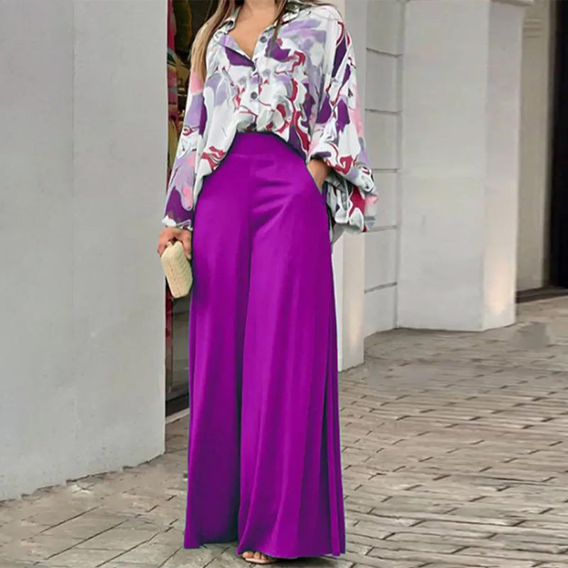 Loose And Elegant Casual Printed Shirt Top Wide Leg Pants Fashion Suit - image 3