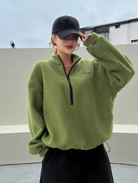 Patched Detail Drop Shoulder Half Zip Fleece Sweatshirt Long Sleeve Tops - image 4