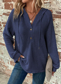 Waffle Hooded Sweater Sweatshirt Fashion Casual Long-sleeved Drawstring V-neck Buttons Top Women's Clothing - image 11