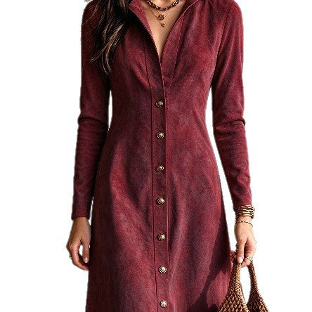 Women's Faux Suede Button Slim Fit Long Dress - image 5