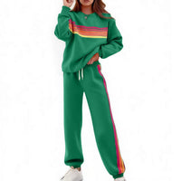 Round Neck Loose Color Stripes Elastic Waist Pants Sweater Suit - image 6