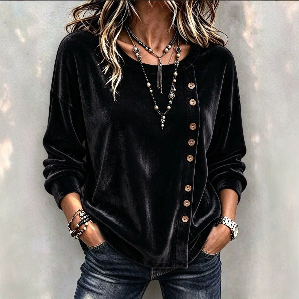 Velvet Asymmetric Button Long Sleeve Top - image 2
