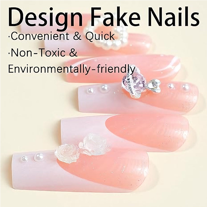 24 Pcs Long Square Press On Nails, Pink French Tip with Pearl, Bow and Rose 3D Nail Art - image 10