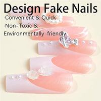 24 Pcs Long Square Press On Nails, Pink French Tip with Pearl, Bow and Rose 3D Nail Art - image 10