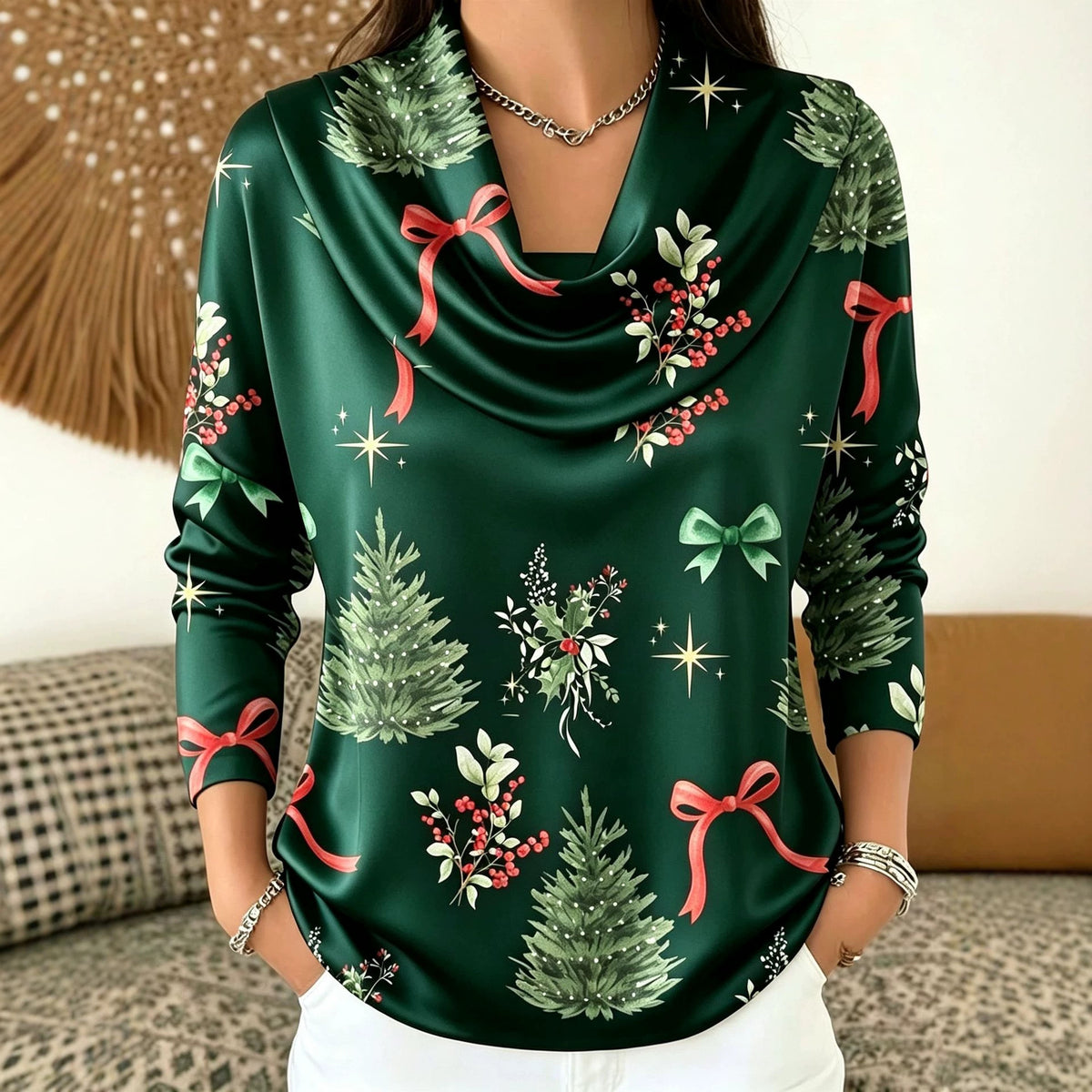 Christmas Tree Print Turtleneck Long Sleeve Top - image 2