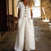 Comfortable Pocketed Short-Sleeve Casual Wide-Leg Jumpsuit - image 1
