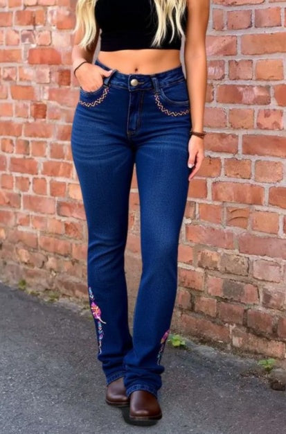 Dark Blue Embroidered Boho Flare Jeans - image 3