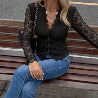 Lace Patchwork V-Neck Twill Coat - image 1