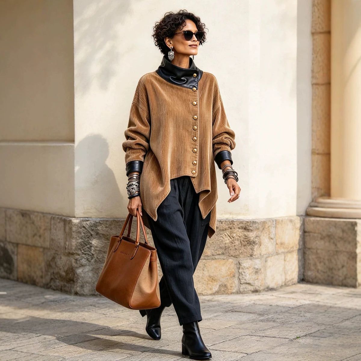Corduroy and Faux Leather Patchwork Coat - image 2