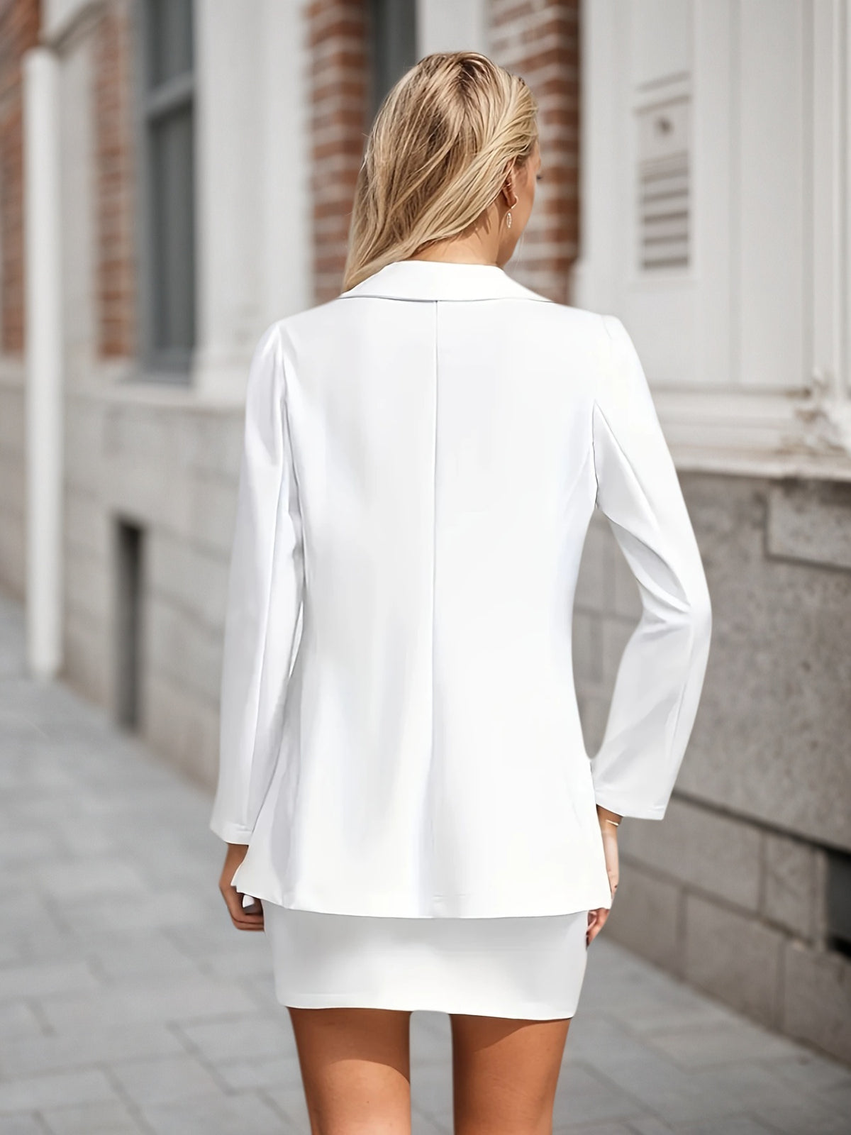 Pure White Long Sleeved Skirt Set, Lapel Suit Jacket&solid Color Skirt, Double Breasted Closure - image 5
