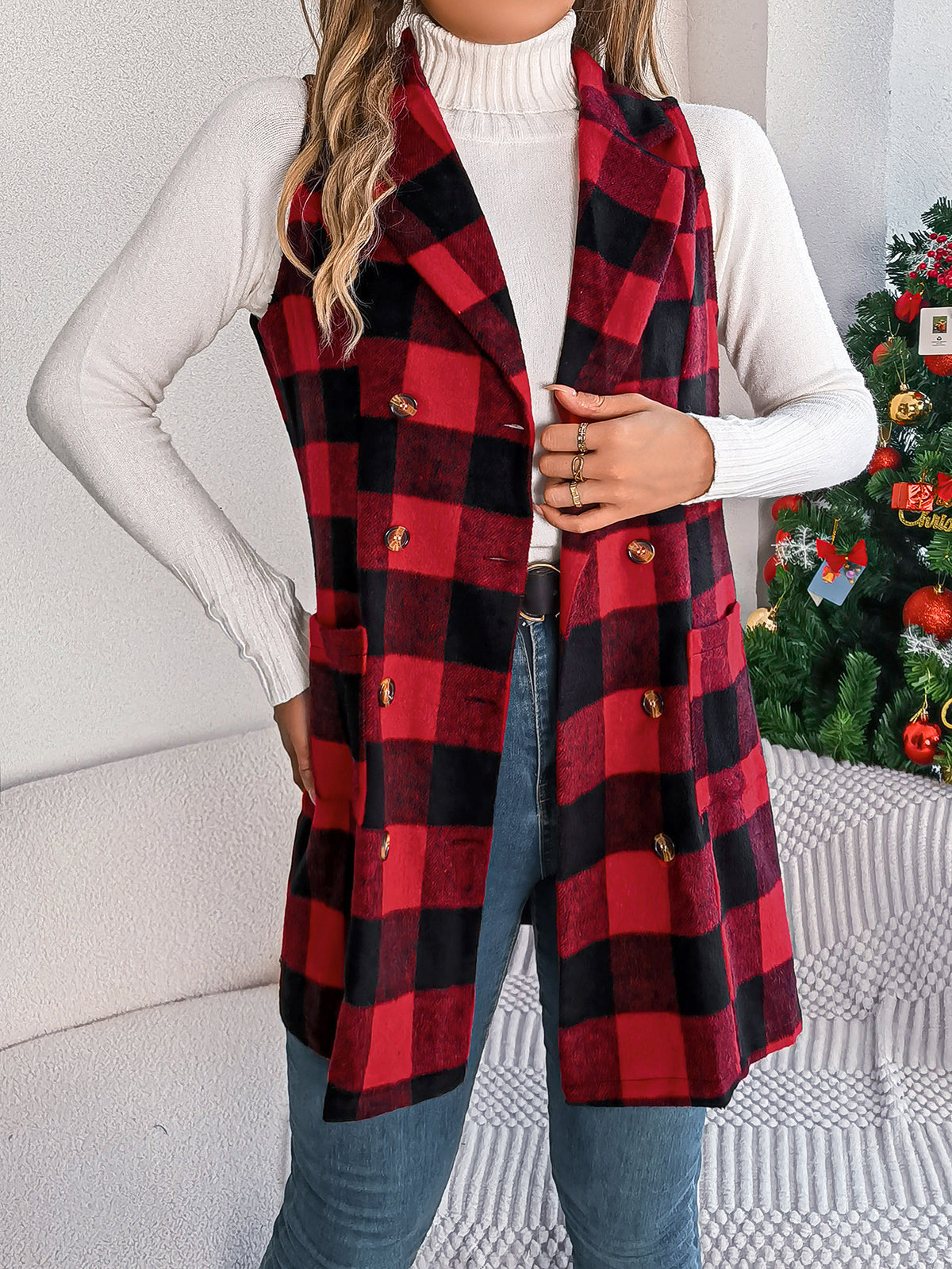Contrast Check Double-Breasted Vest