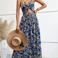 Women's Floral Print Twist Front Cutout Halter Maxi Dress, Backless Tie Back Beach Dress - image 1