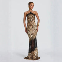 Retro Leopard Print Lace Trim Halter Dress - image 1