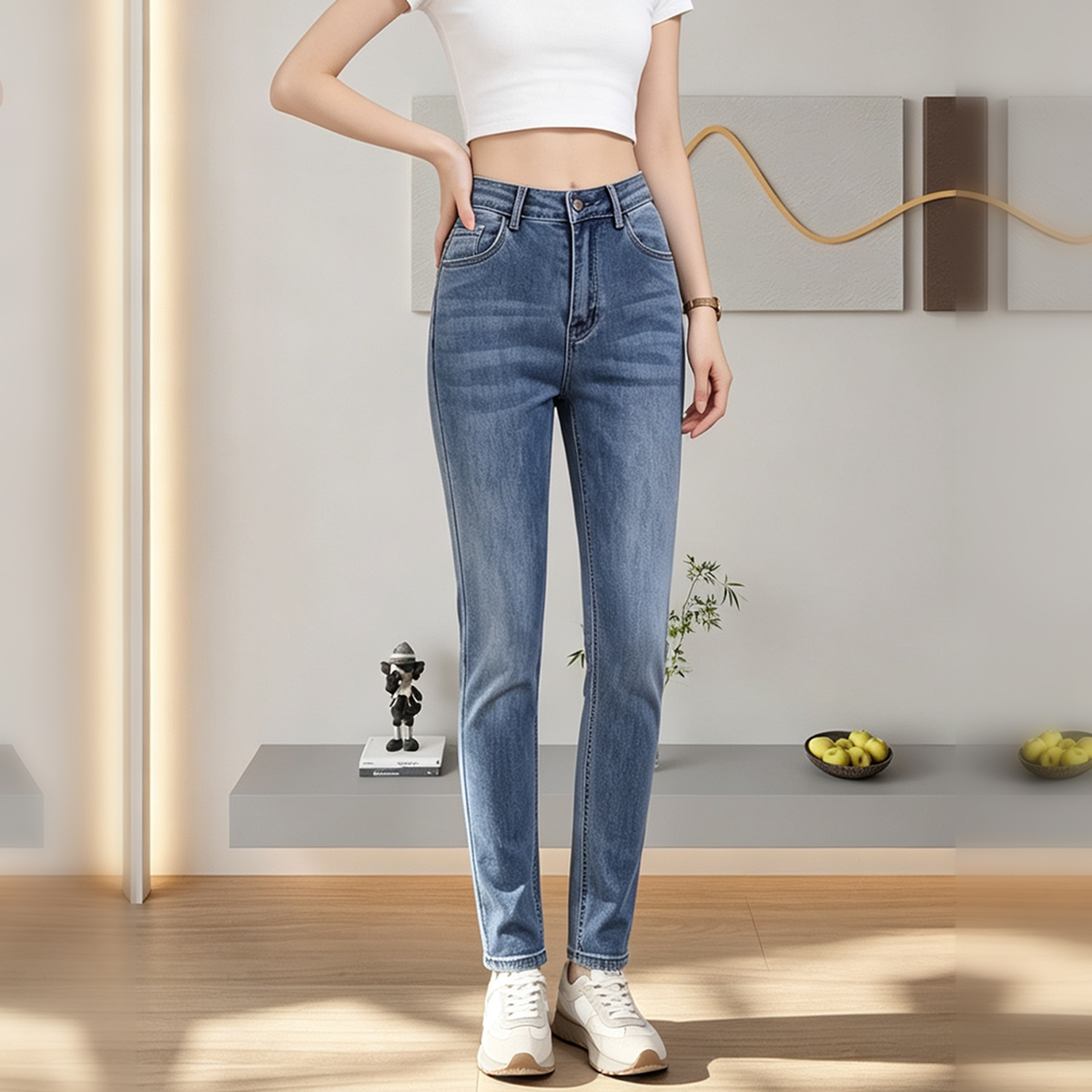 Women's High Waist Skinny Jeans, Classic Blue Wash - image 3