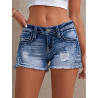 Ripped Patchwork Frayed Denim Shorts - image 4
