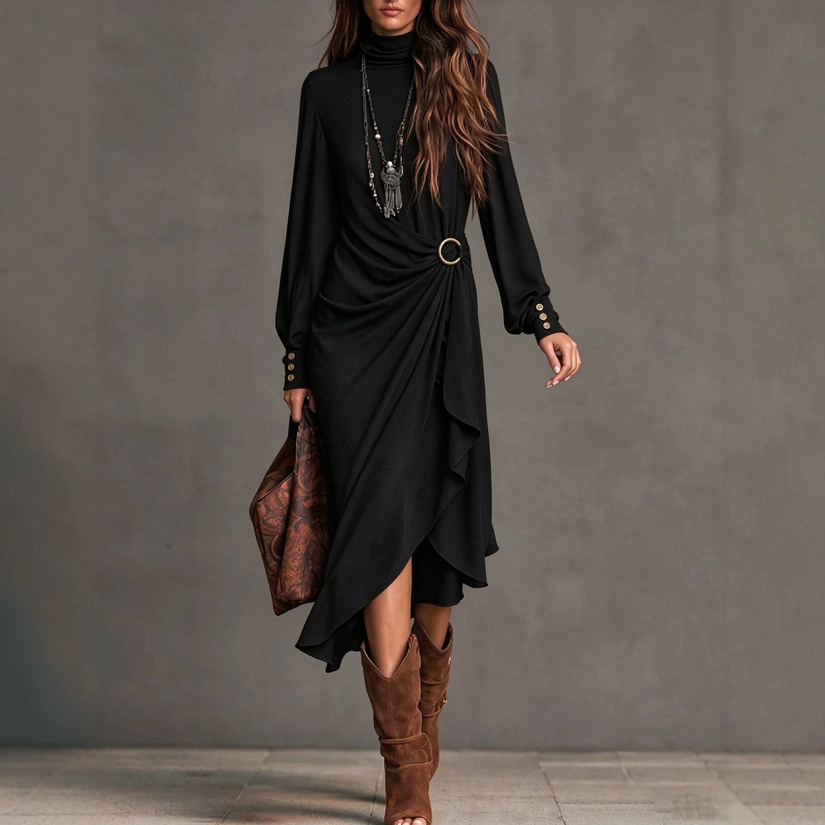 High Collar Long Sleeve Asymmetric Maxi Dress - image 4