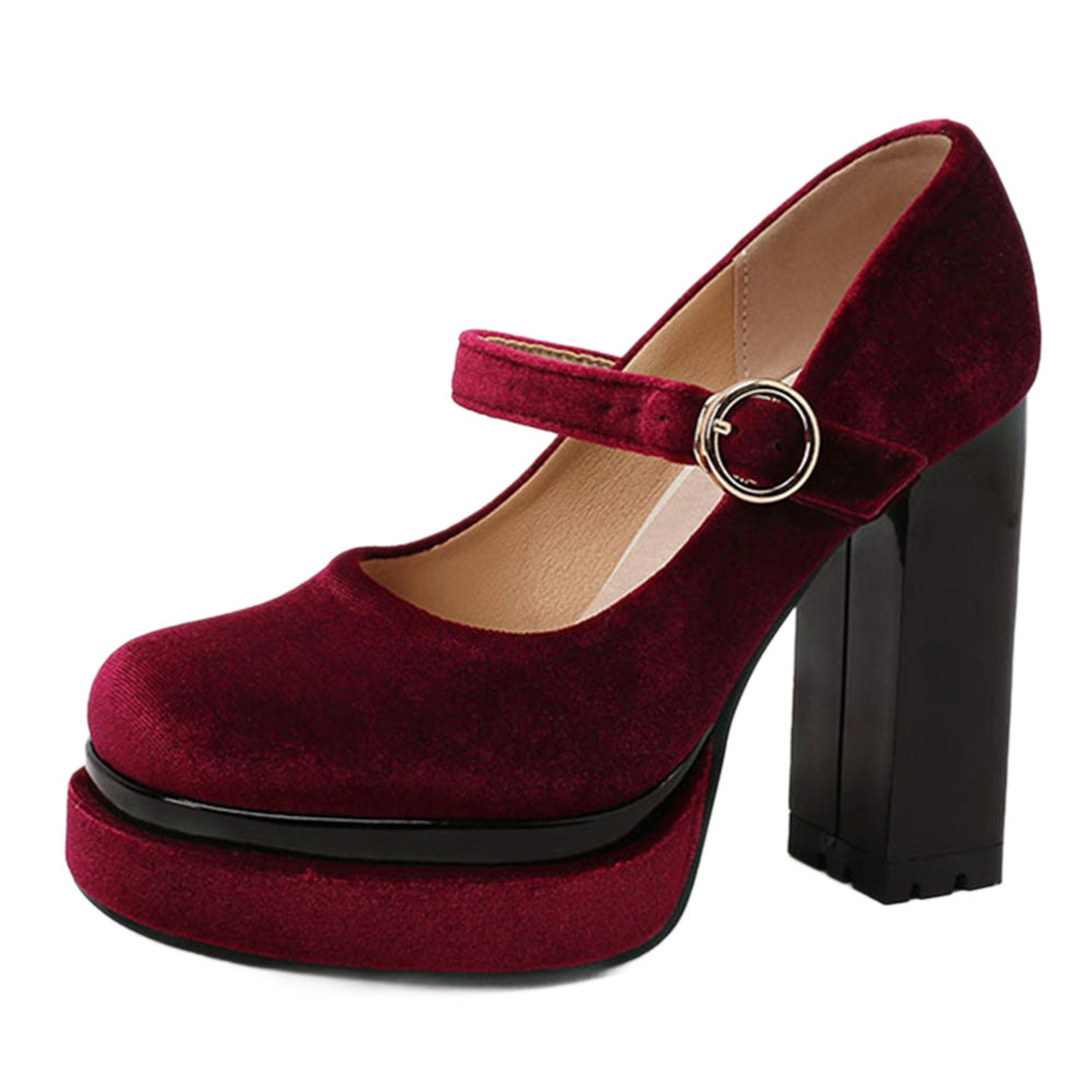 Velvet Mary Jane Block Heel Platform Shoes - image 5