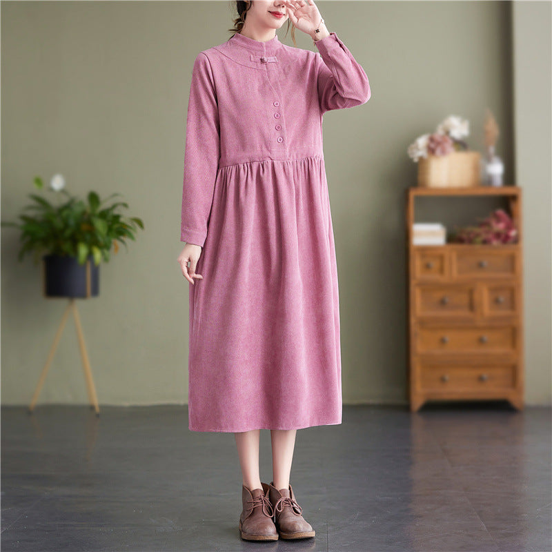 Stand Collar Button Corduroy Dress