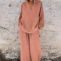Women's Solid Color Casual V-neck Pullover Long Sleeve Trousers Suit - image 1
