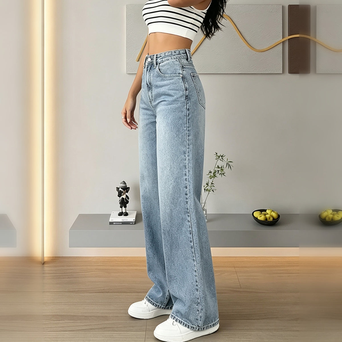 Women's Light Wash High Waist Wide Leg Jeans with Pockets - image 3