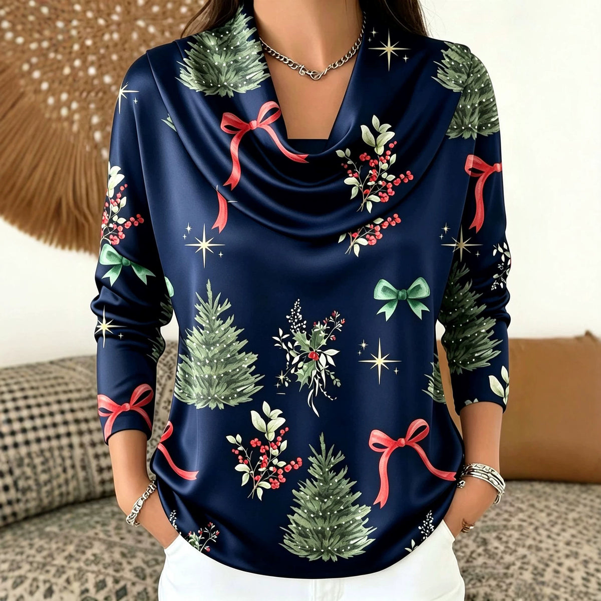 Christmas Tree Print Turtleneck Long Sleeve Top - image 3