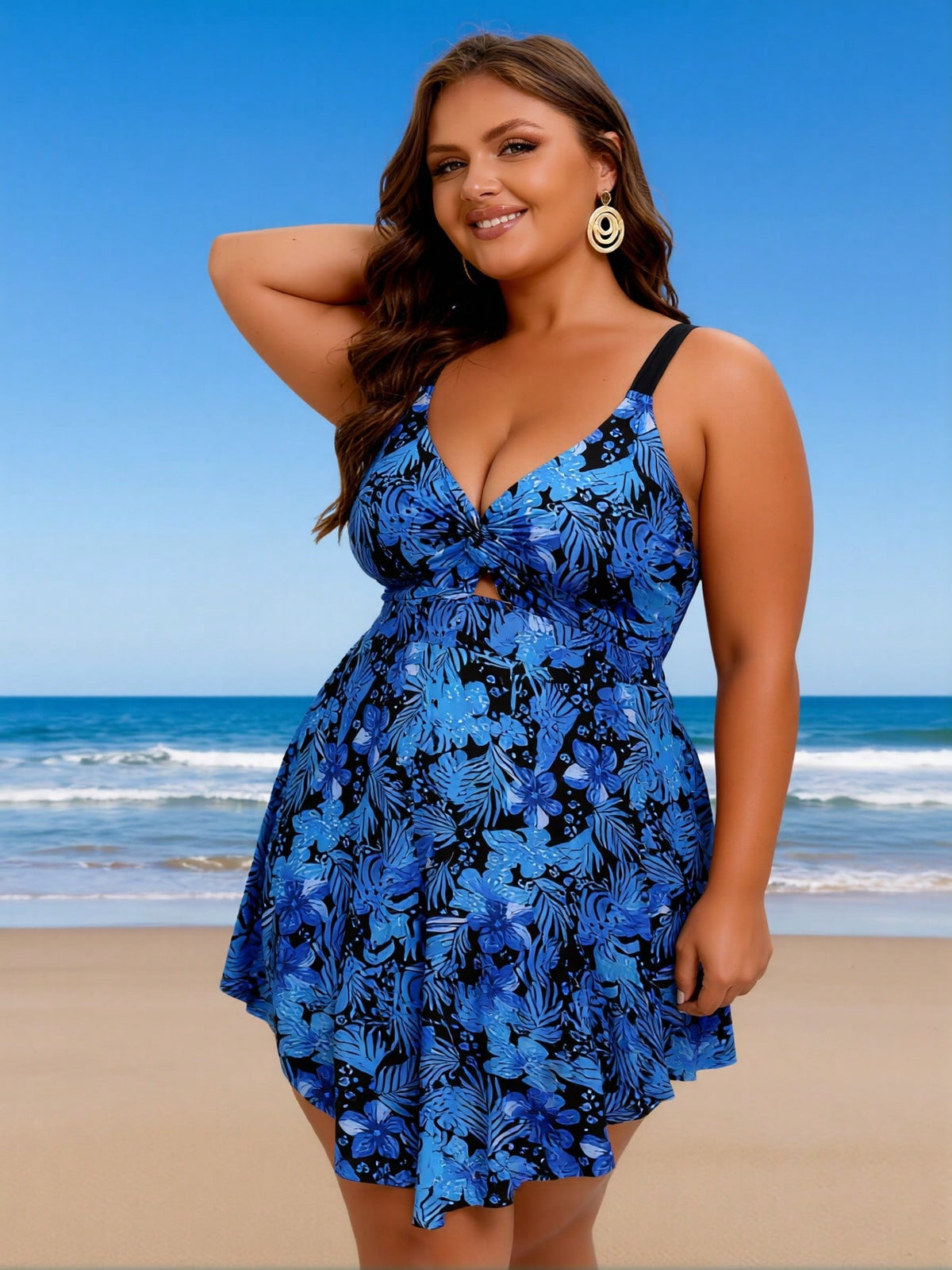 Plus Size Women's Sexy Fashion Blue-Black Botanical Print Twist One-Piece Swimdress For Vacation & Leisure - image 4
