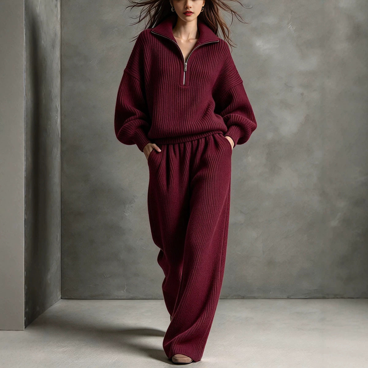 Women's Half-Zip Top and Wide Leg Pants Set - image 4