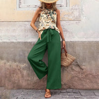 Women's 2 Piece Outfits Summer Casual Sleeveless Halter Neck Crop Tops Wide Leg Pants Set - image 8