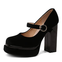 Velvet Mary Jane Block Heel Platform Shoes - image 7