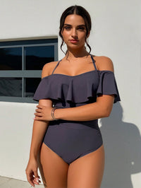 Off-Shoulder Ruffle One-Piece Swimsuit, Halter Neck Tummy Control Bathing Suit - image 1