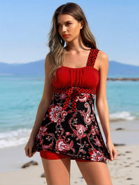Women's Vibrant Swimdress Red Ruched Bandeau Top, Black Paisley Print Skirt And Matching Red Boyleg Shorts - image 4