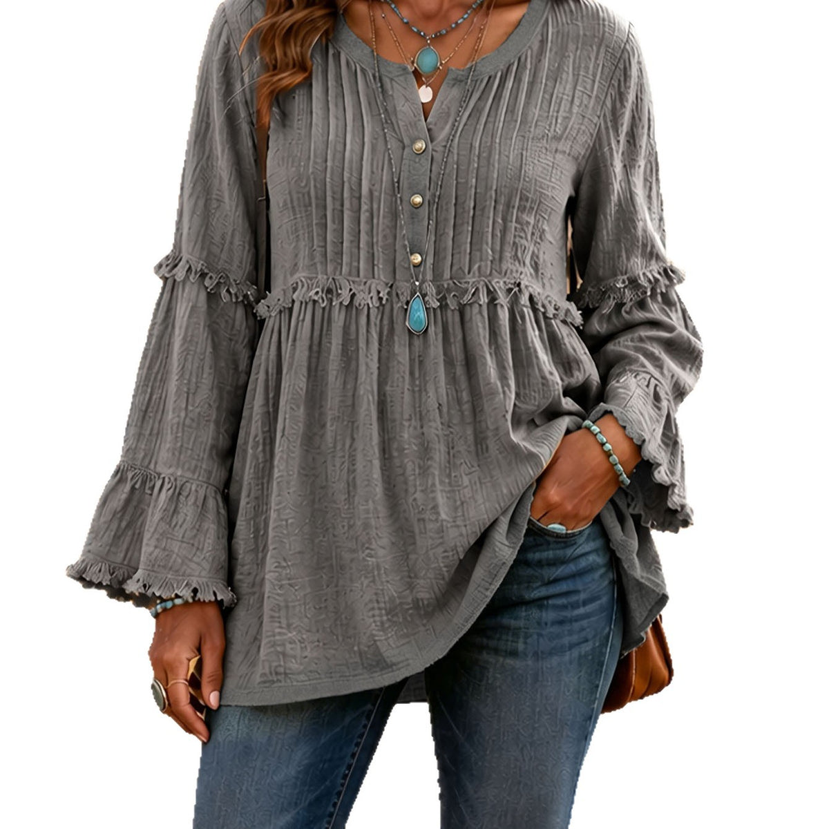 Lace-trimmed Loose-fit Shirt With Tassel Patchwork Top - image 8