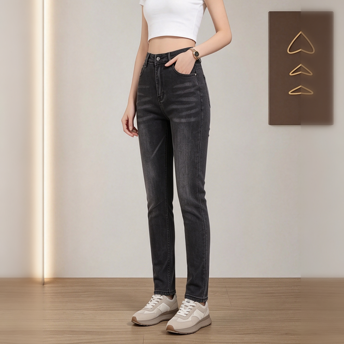 Jeans rectos negros degradados de tiro alto - image 3