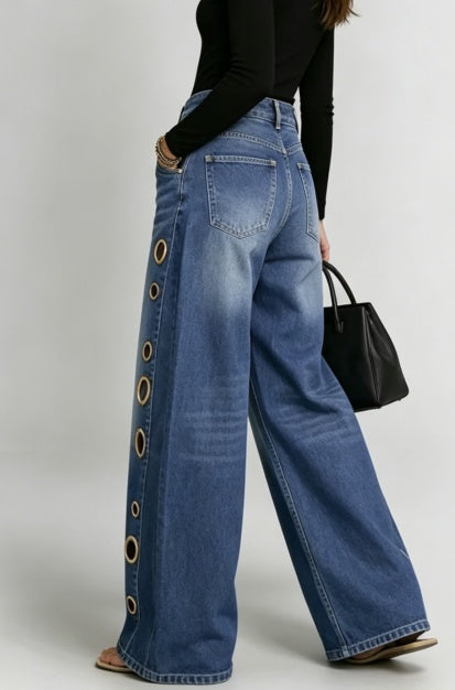 Women Wide Leg Jeans High Waist Blue Washed Grommet Baggy Denim Pants - image 4
