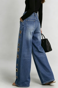 Women Wide Leg Jeans High Waist Blue Washed Grommet Baggy Denim Pants - image 4