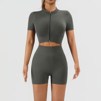Women's 2 Piece Seamless Ribbed Workout Set, Zip Front Short Sleeve Crop Top and Biker Shorts - image 5