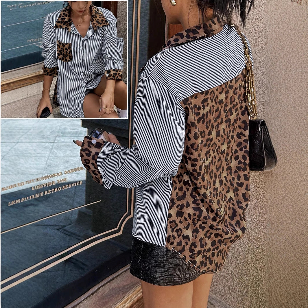 Camisa con botones combinada de leopardo y rayas - image 3