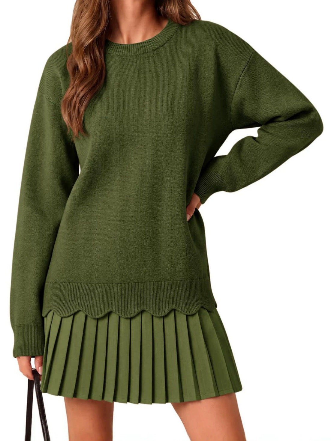 Scalloped Knit Sweater and Pleated Mini Skirt Set - image 3