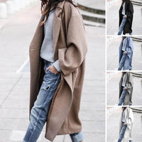 Women's Long Woolen Lapel Coat with Pockets, Khaki Single Breasted Winter Overcoat - image 1